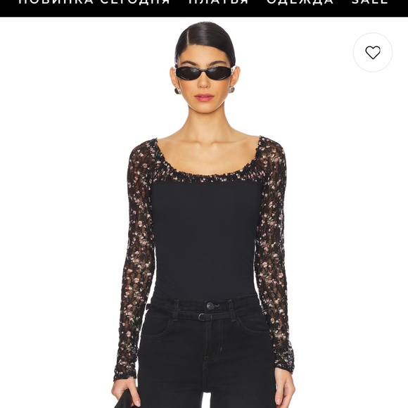 Free People Josie Long Sleeve Top in Black Combo Cotton Jersey Lace Size XL - Picture 2 of 16